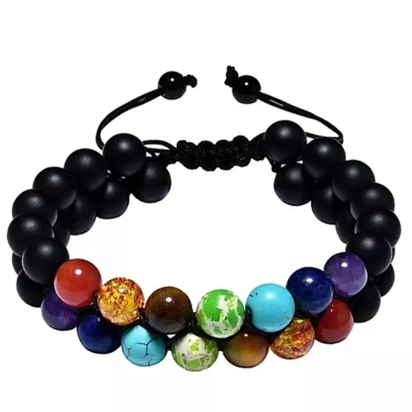 natural blue obsidion Chakra stones double layer adjustable boho bracelet nwt - Picture 1 of 4